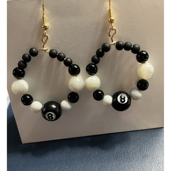 Beaded Dangle Black & White 8-Ball and Ace Card Earring Set 2 Pair Set - Picture 3 of 9